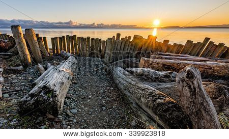 Amazing December Sunrise At Goose Spit Regional Park On Vancouver Island In Comox Valley, British Co