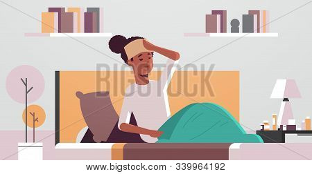 Sick Woman With Wet Towel On Forehead Unhealthy African American Girl Reducing High Fever Suffering 