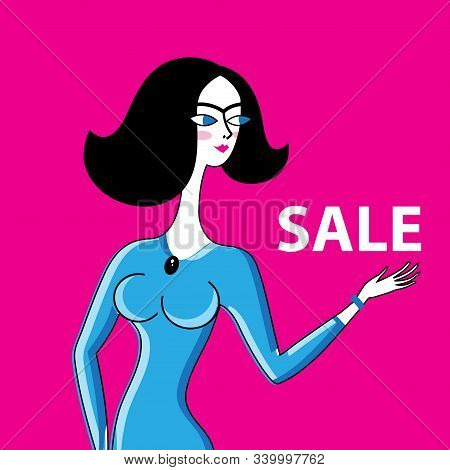 Vector Portrait Of A Beautiful Girl With A Sale On A Bright Background
