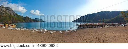 Yacht On The Shore Of The Cozy Bay Of Adrasan, Near Antalya And Kemer, Turkey