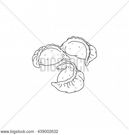 Japanese Gyoza Dumplings Dish, Black Line Vector Illustration Isolated.