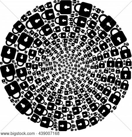 Lock Icon Cyclone Round Mosaic. Lock Icons Are Organized Into Cluster Twist Vector Illustration. Abs