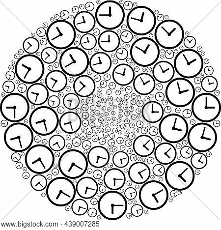 Clock Icon Twist Round Mosaic. Clock Elements Are Formed Into Globula Twist Mosaic Structure. Abstra