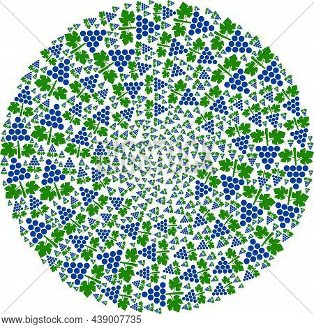 Grapes Bunch Icon Cycle Spheric Mosaic. Grapes Bunch Items Are Arranged Into Globula Whirlpool Vecto