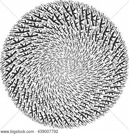 Kalashnikov Gun Icon Spin Round Mosaic. Kalashnikov Gun Symbols Are Shaped Into Spheric Whirlpool Mo