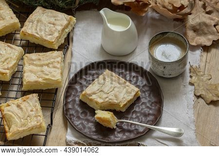Apple Pie Slices With Meringue Served With Coffee. Rustic Style.