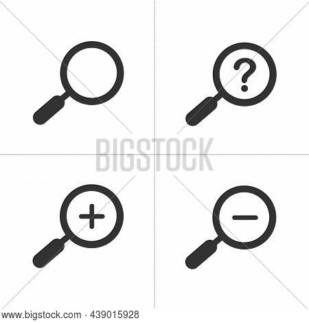 Magnifying Glass Icon Set. Blang, Faq, Increase And Decrease Icons. Zoom In Zoom Out Icon. Stock Vec