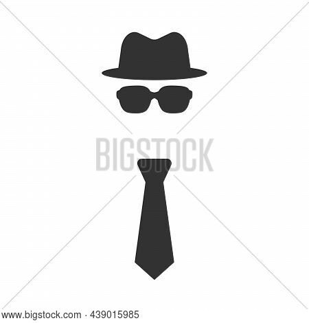 Spy Icon, Special Agent Hat Glasses And Tie. Man In Hat, Stock Vector Illustration Isolated On White