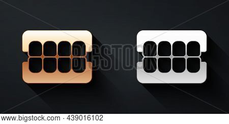 Gold And Silver False Jaw Icon Isolated On Black Background. Dental Jaw Or Dentures, False Teeth Wit