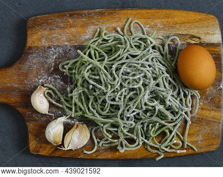 Ingredients For Spinach Pasta Meal, Egg, Garlic And Spaguetti
