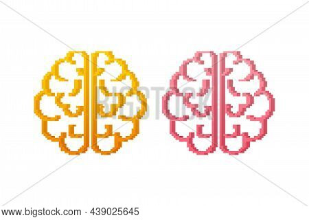 Pixel Art Vector Pink And Yellow Brain On White Background. Vector Stock Illustration