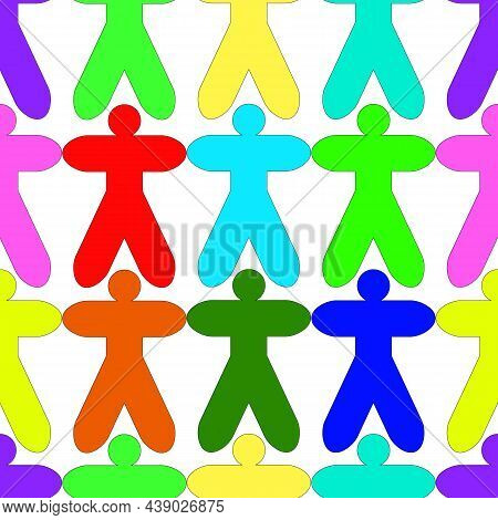 Seamless Pattern With Silhouettes Of A Person Of Different Colors Holding Hands. Can Be Repeated And