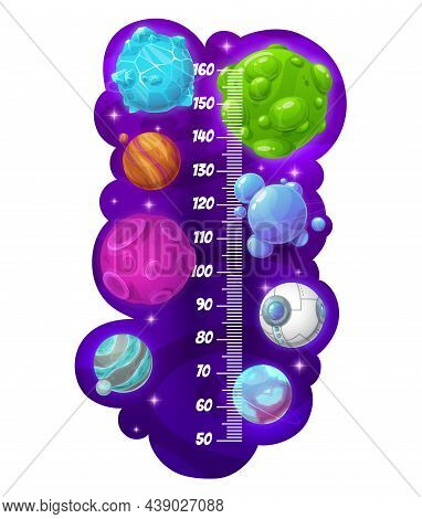 Kids Height Chart, Growth Meter. Cartoon Space Galaxy Planets. Vector Stadiometer, Measure Sticker S