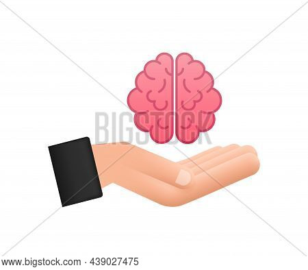 Psychology, Emotion And Psychotherapy Concept. Human Hand Hold Human Brain. Vector Stock Illustratio