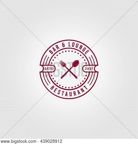 Emblem Bar Lounge Restaurant Spoon Fork Logo Icon Vintage Line Art Vector Illustration Design