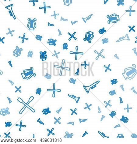 Set Line Drum Sticks, And Drum And Ancient Lyre On Seamless Pattern. Vector