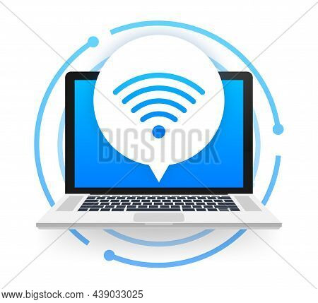 Wireless Technology. Wifi Internet Connection On Laptop Screen. Vector Stock Illustration.