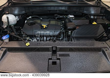 Novosibirsk, Russia - October 03, 2021: Hyundai Tucson, Car Engine Close-up. Internal Combustion Eng