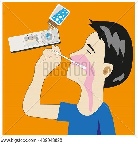 Illustration Of Covid Testing Equipment, Atk Test Set With A Nasal Swab. Reagent And Virus In The Ba