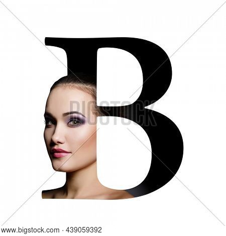Letter B, concept alphabet design with beauty portrait of young attractive woman's face. Conceptual fashion fount