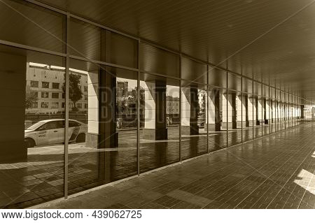Moscow, Russia - July 18, 2021: Long Passage With Columns. Office Building At Ovchinnikovskaya Emban