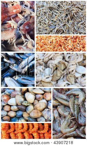 Colagem de fotografias de comida tailandesa no mercado