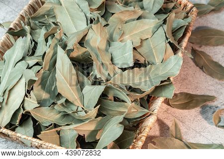 Food Background. Bay Leaf, Natural Antiseptic, Antioxidant, Acne Remedy, Macronutrients For Skin And