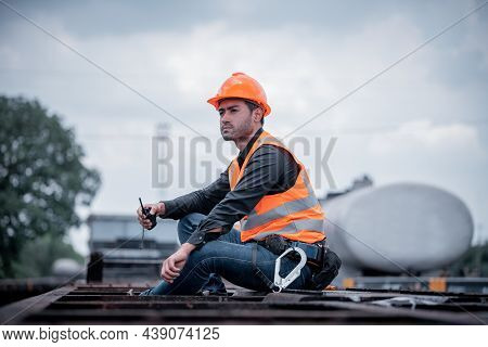 Engineer Railway Under  Checking Construction Process Train Testing And Checking Railway Work On Rai