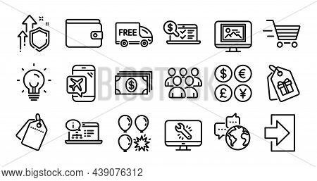 Sale Tags, Banking And Online Documentation Line Icons Set. Secure Shield And Money Currency Exchang