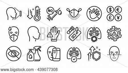 Low Thermometer, Cleaning Liquids And Sick Man Line Icons Set. Secure Shield And Money Currency Exch