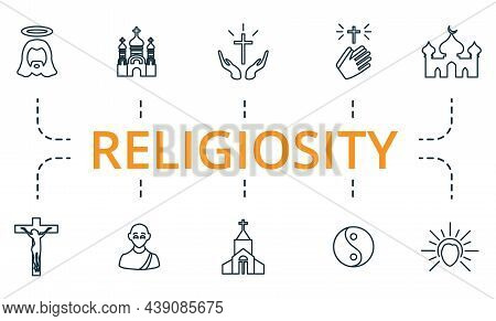 Religiosity Icon Set. Collection Of Simple Elements Such As The Raining, Bible, 13, Mosque, Temple, 