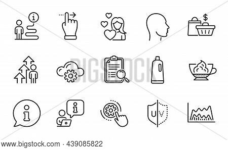 Line Icons Set. Included Icon As Trade Chart, Espresso Cream, Cloud Computing Signs. Love, Shampoo, 