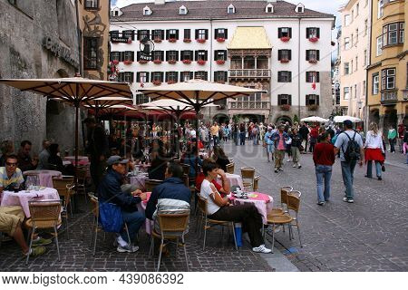 Innsbruck, Austria - August 9, 2008: People Visit The Old Town In Innsbruck, Austria. It Is The Capi