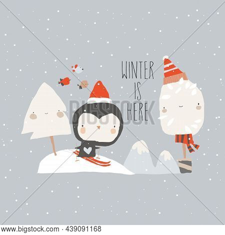 Cartoon Little Penguin Skiing Down A Mountain Slope