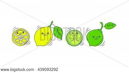 Lemon And Lime Fruit With Smile On White Background. Whole Citrus Fetus And Its Half. Cartoon Sketch