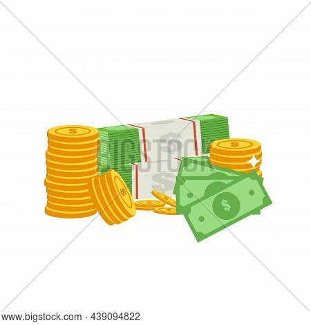 Big Pile Of Cash Money Banknotes, American Dollars And Gold Coins, Cents. Currency, Depository, Bank