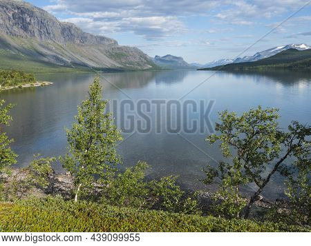 Beautiful Moring On The Shore Of Lake Lulealven, Lule River Dam In Saltoluokta In Sweden Lapland. Re
