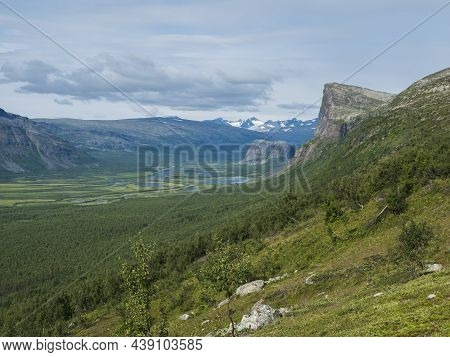 View On Meandering Glacial Rapadalen River Delta Valley At Sarek National Park, Sweden Lapland With 