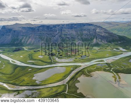 Aerial Scenic View From Skierffe Rock Summit On Glacial Rapadalen River Delta Valley At Sarek Nation