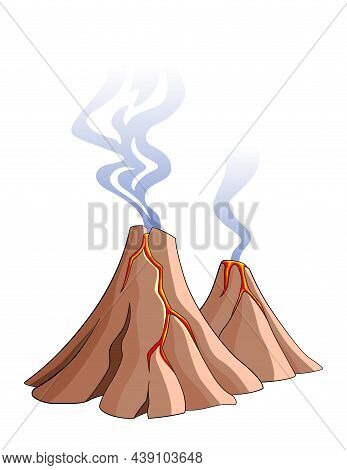 Volcanic Mountains. Hot Lava Erupt. Smoke Blowing Up