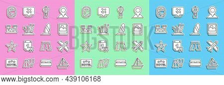 Set Line Yacht Sailboat, Plane, Photo, Hot Air Balloon, Ski And Sticks, Sand Castle, Airplane Window