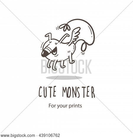 Vector Card With Cute Cartoon Monster. Funny Fictional Animal . Doodle Line Art Creature Print. Chil