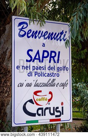 Welcome To Sapri Sign - The Beautiful Village At The Italian West Coast In Salerno - Sapri, Italy - 