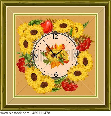 Sunflowers In The Decoration Of The Clock Dial.clock Face With Berries And Sunflowers In Color Vecto