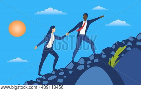 Reliance And Belief. Employee Leads Another, Colleagues Move Forward Towards Common Goal. Leader Hel