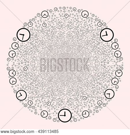 Clock Festive Round Cluster. Object Pattern Done From Random Clock Pictographs As Exploding Globula.