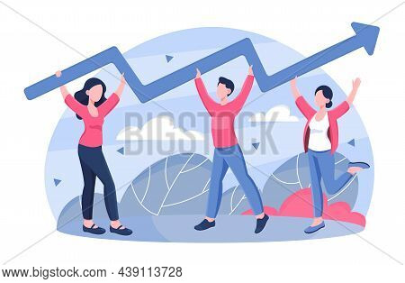 Concept Of Success Improvement. Employees Holding Big Arrow Together. Metaphor Of Personnel That Dri