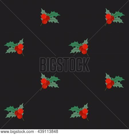 Christmas Traditional Plant. Red Berry Holly-ilex. Seamless Pattern.