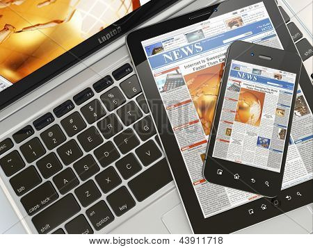 Digitální novinky. Notebook, mobilní telefon a digitální počítače tablet pc. 3D