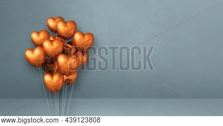 Copper Heart Shape Balloons Bunch On A Grey Wall Background. Horizontal Banner. 3d Illustration Rend